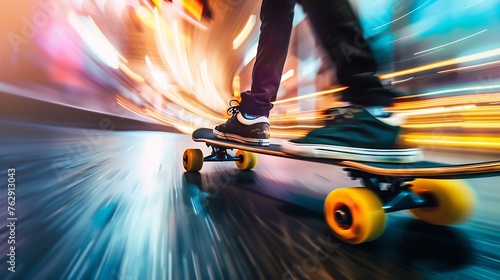 Skateboard fast and mountain with man in road for speed freedom and summer break Sports adventure and motion blur with guy skating in urban street for training gen z and balance in nat : Generative AI photo