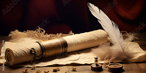 Scroll of parchment and feather, The concept of education and writing, feather with stamp against the background of an old scroll of parchment, Generative AI
