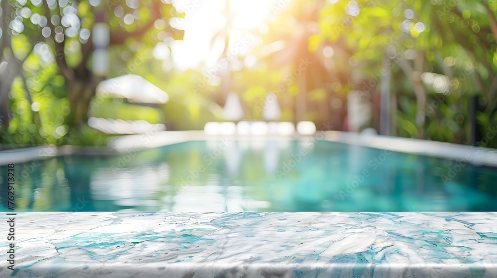 Empty white marble stone table top and blurred swimming pool in tropical resort in summer banner background  can used for display or montage your products : Generative AI