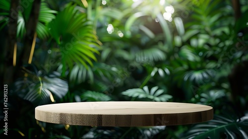 Wood podium table top outdoors blur green monstera tropical forest plant nature backgroundBeauty cosmetic healthy natural product placement pedestal displayspring or summer jungle para : Generative AI