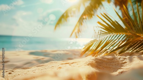Summer exotic sandy beach with blur palms and sea on background : Generative AI © Generative AI