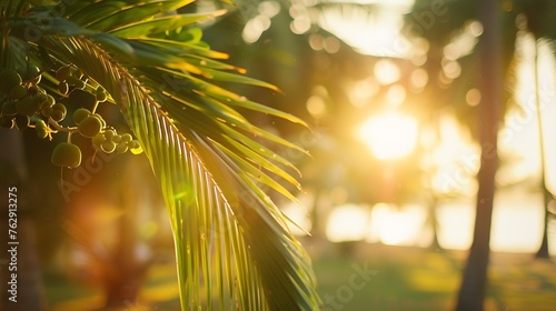 Blur nature bokeh green park by beach and tropical coconut trees in sunset time   Generative AI