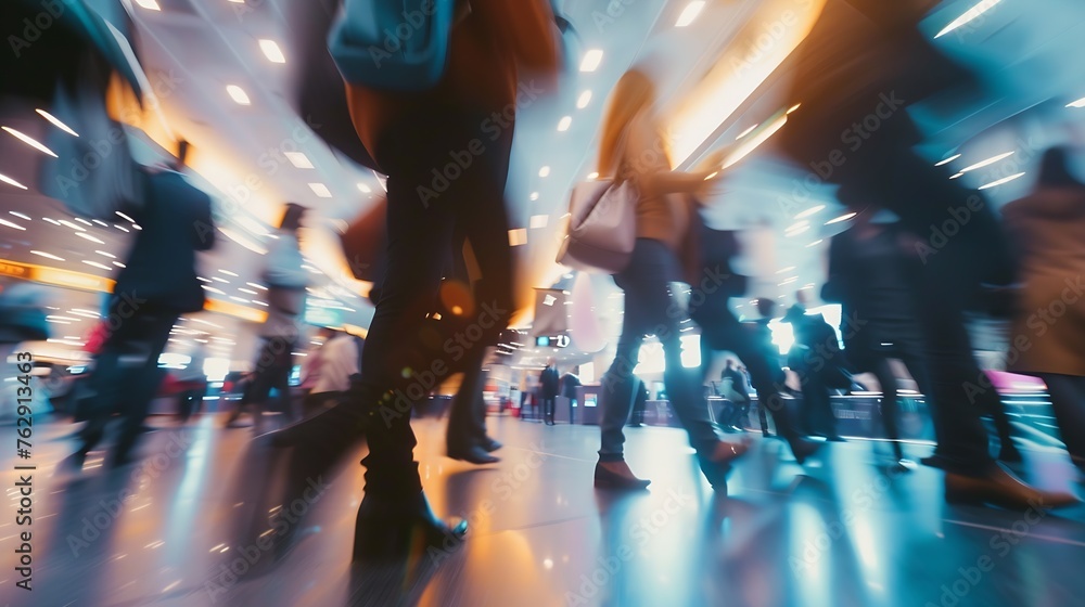 Anonymous blurred business people rush through trade fair hall or airport : Generative AI - obrazy, fototapety, plakaty 