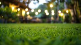 Blurred grassy backyard outside cafe and resturant inside the resort with bokeh lights effect background : Generative AI
