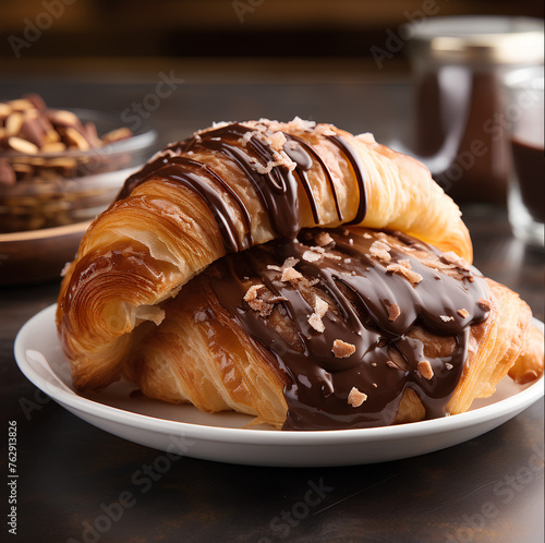 Famous French croissant with yummy look and toppings and fillings, puff pastry food photography 
