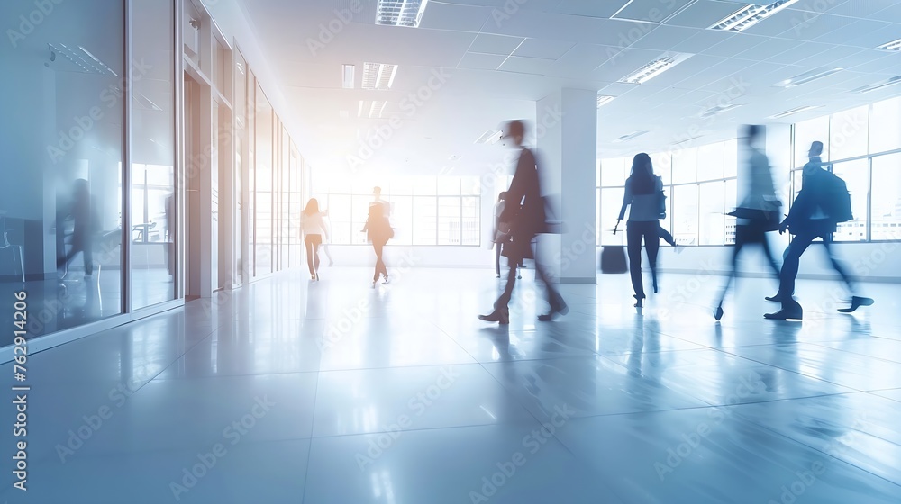 Group of business people walking at office openspace Team of business employees at coworking center People at motion blur Concept working at action Wide image : Generative AI Group of business people walking at office openspace Team of business employees at coworking center People at motion blur Concept working at action Wide image : Generative AI