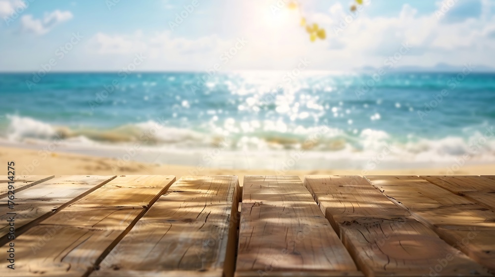 Empty rustic wooden table on blur background of beautiful beach for mockup summer product display or travel ad Picnic table with customizable space on tabletop for editing Flawless : Generative AI