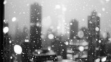 Black and white backdrop with blurred snowy cityscape through transparent window pane with condense in daytime : Generative AI