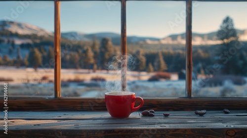 Yellowstone National Park Yellowstone National Park's Historic Architecture USA with a red coffee cup with hot smoke floating in it. Illuminated by the first light of day Quiet morning scene