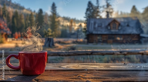 Yellowstone National Park Yellowstone National Park's Historic Architecture USA with a red coffee cup with hot smoke floating in it. Illuminated by the first light of day Quiet morning scene