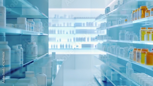 Empty drugstore chemists shop pharmacy without staff clients customers visitors with remedies pills medicines goods painkillers jars on shelves : Generative AI