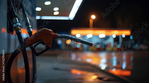 Holding a fuel nozzle against with gas station blurred background : Generative AI photo