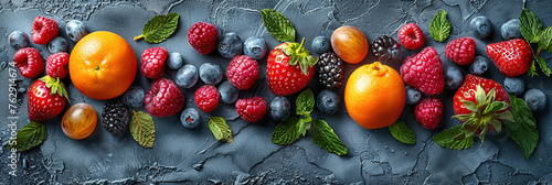 Berries and fruits on table. Created with Ai