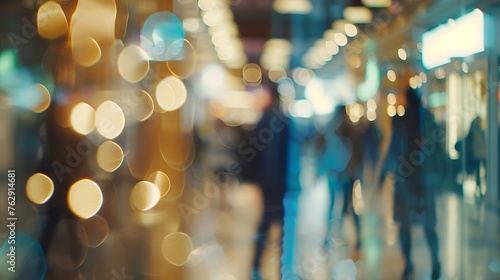 Blurred background with bokeh light in luxury fashion shopping mall with shop window and display modern model  from stores with women and men customer walking in walkway hallway in dep : Generative AI photo