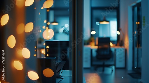 Blurring the Background in a Modern Office Interior night light effect : Generative AI