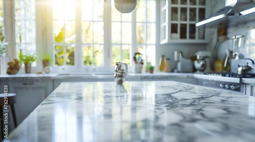 Close up photo of contemporary kitchen island with marble table top with kitchen blurry loose focal of a giant arch windows background   Generative AI
