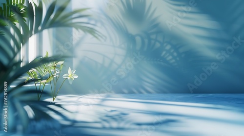 Abstract gradient blue studio background for product presentation Empty room with shadows of window and flowers and palm leaves  3d room with copy space Summer concert Blurred backdrop : Generative AI