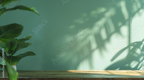 wood table green wall background with sunlight window create leaf shadow on wall with blur indoor green plant foregroundpanoramic banner mockup for display of producteco friendly inter   Generative AI
