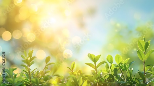 Earth day concept Abstract blur beautiful soft green bokeh light meadow and blue sky on autumn sunrise background : Generative AI