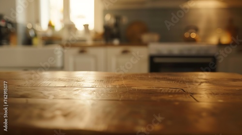 Wooden table on blurred kitchen bench background Empty wooden table and blurred kitchen background   Generative AI