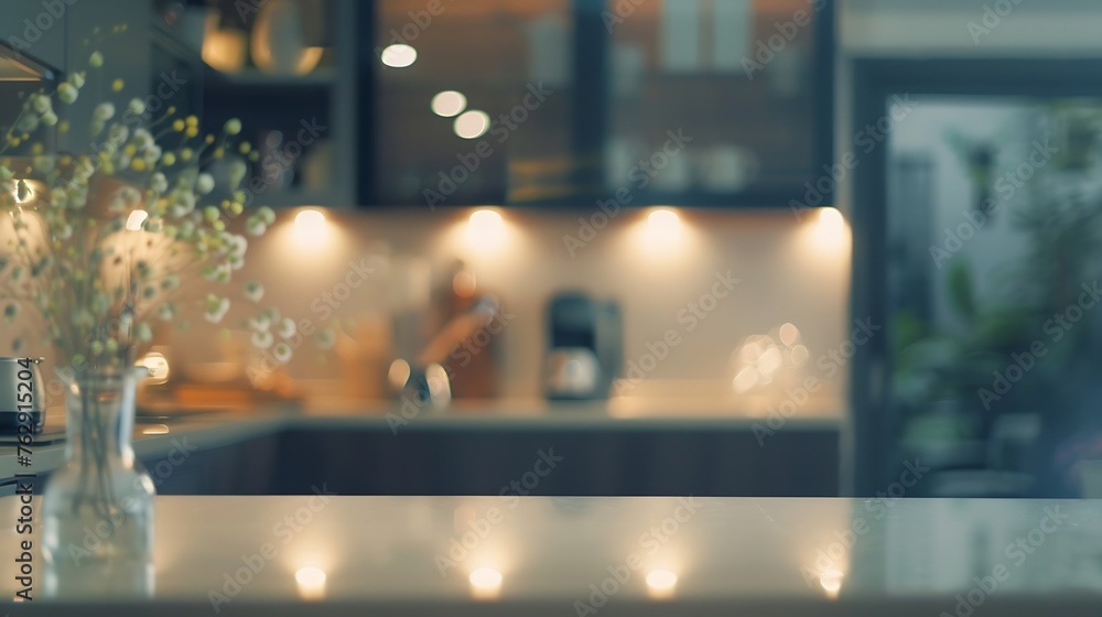 Blurred background Modern kitchen with bokeh light : Generative AI