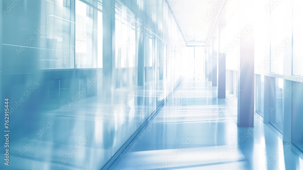 Abstract blur blue tone image of bright and clean Window Door and corridor in modern office building on day time for background usagevertical : Generative AI Abstract blur blue tone image of bright and clean Window Door and corridor in modern office building on day time for background usagevertical : Generative AI