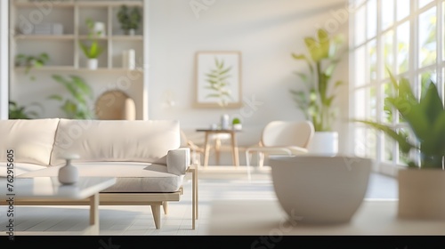 Blurred view of modern living room with sofa and soft bench room interior with  couch armchair and coffee table or shelving units stylish living room comfortable workplace near big win   Generative AI