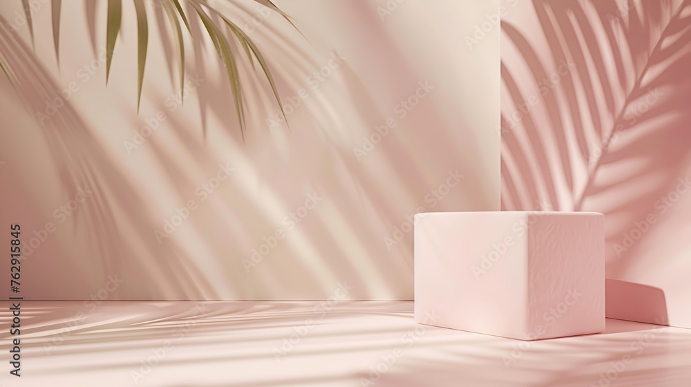 Obraz premium Minimal product placement background with palm shadow on plaster wall Luxury summer architecture interior aesthetic Creative product platform stage mockup : Generative AI