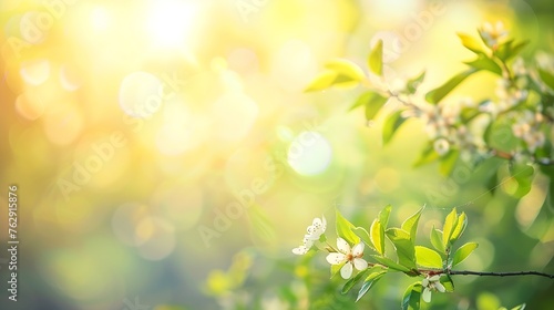 Natural blurred spring background create light soft colors and bright sunshine a short time before sunset : Generative AI