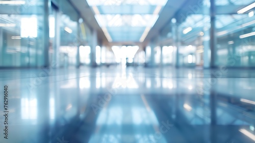 Blurred abstract background interior view looking out toward to empty office lobby and entrance doors and glass curtain wall with frame  blue white balance processing style   Generative AI