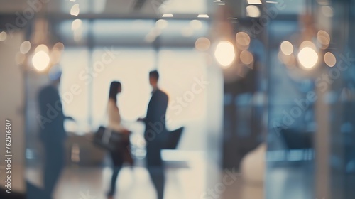 Blurred office interior space with businessman and businesswoman meeting background with copy space : Generative AI