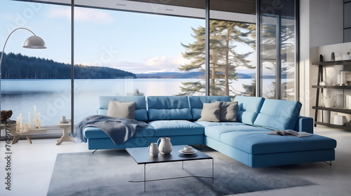 Modern scandinavian style living room with blue sofa facing the window © Dentma Art