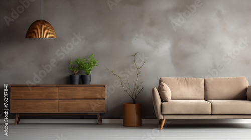 Cozy sofa and cabinet in Scandinavian interior with concrete walls