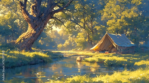 Illustration of a camping tent on the river in the morning
 photo