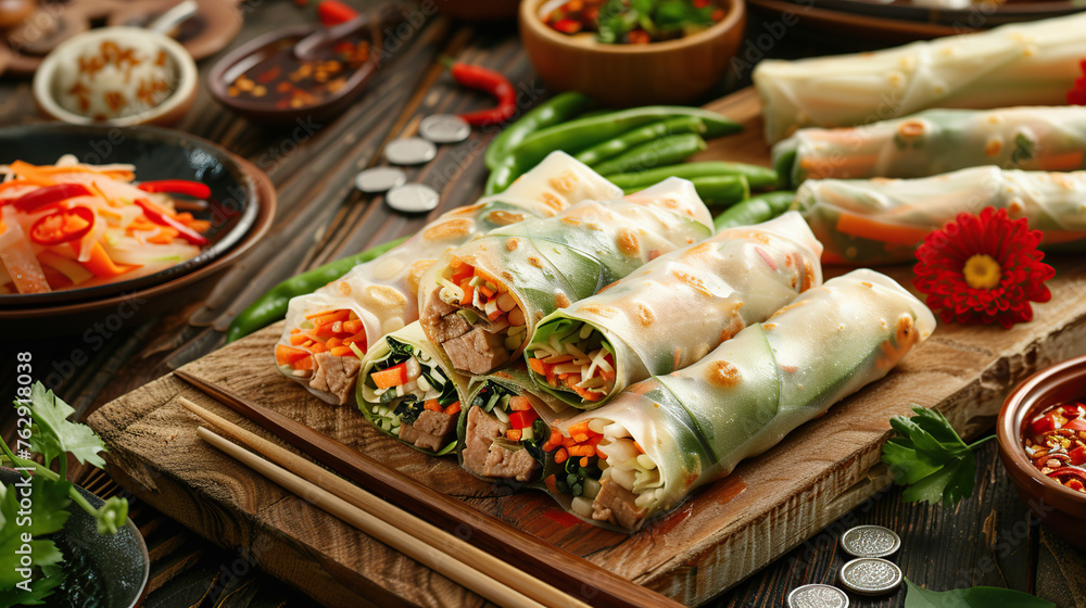 Chinese Spring rolls, Chinese style soft tortilla wraps filled with vegetables and meat, surrounded by various ingredients such as carrots, snow peas, green bamboo shoots, chrysanthemums, silver coins