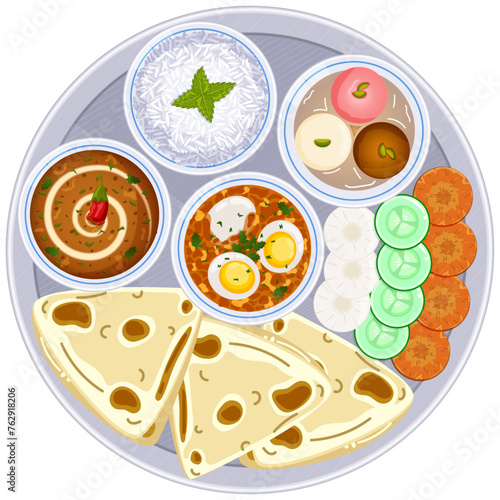  Traditional Indian Thali Top View Illustration: Roti, Egg Curry, Dal Makhani, Rice, Rasgullas, Gulab Jamun & Salad