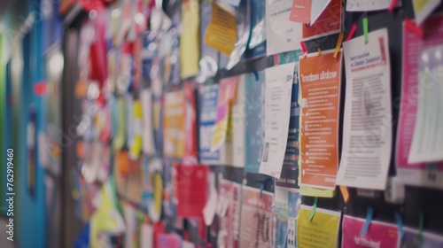 A detailed shot of a bulletin board covered in colorful flyers and announcements showcasing the vibrant campus life of the university.