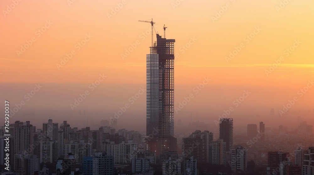 A skyscraper's top floors still under construction