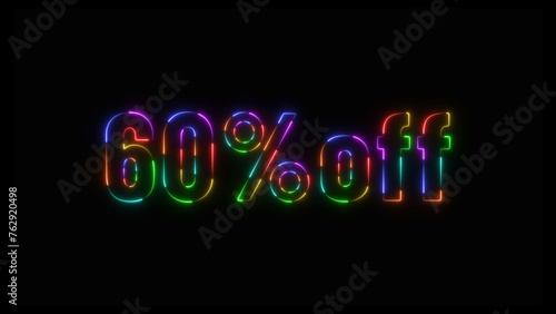 Abstract neon number 60% off big offer sale background illustration.