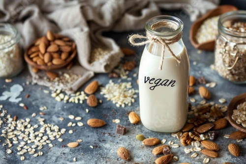 Vegan Milk in Glass Bottle with Almonds  Cereals  Grains on Dark Background. Healthy Eating  Dieting  Lactose Free  Alternative Milk  Plant-Based. Vegan Food Concept. Copy Space.
