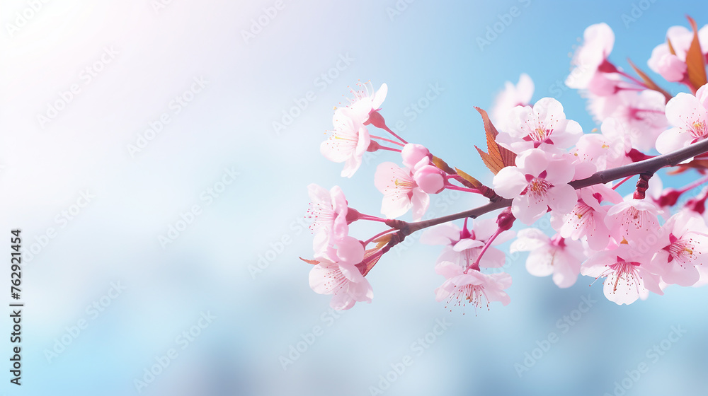 Obraz premium branches of blossoming cherry macro with soft focus and blurred blue sky at the background
