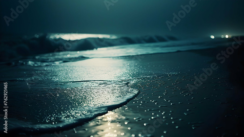 a blurry scene of a beach at night, with the wet sand glistening under dim light. Waves can be seen crashing against the shore as the tide rolls in.