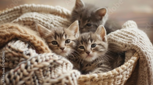 A fluffy domestic cat, possibly a kitten, relaxes in either a cozy chair or a woven basket