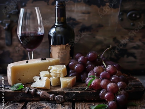 Red wine and cheese slices on a board for a delicious appetizer