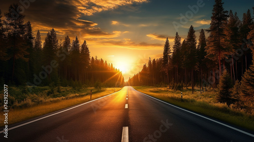 sunset with beautiful empty asphalt road and green woods
