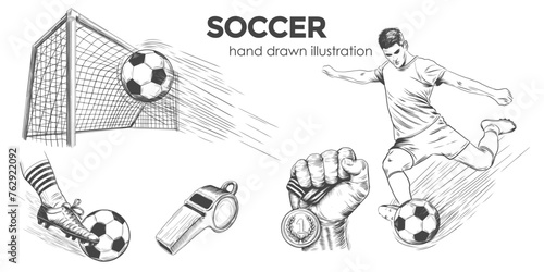 Hand drawn set of soccer football player, whistle, goal and ball isolated on white background. Detailed vintage doodle drawing. Set Football elements sketch isolated.