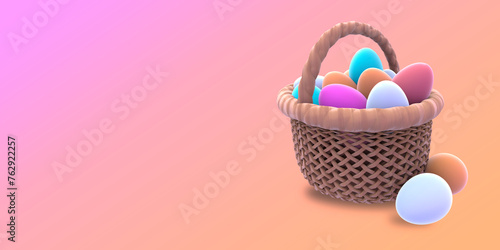 3d basket with color eggs on peach background. perfect for backgrounds
