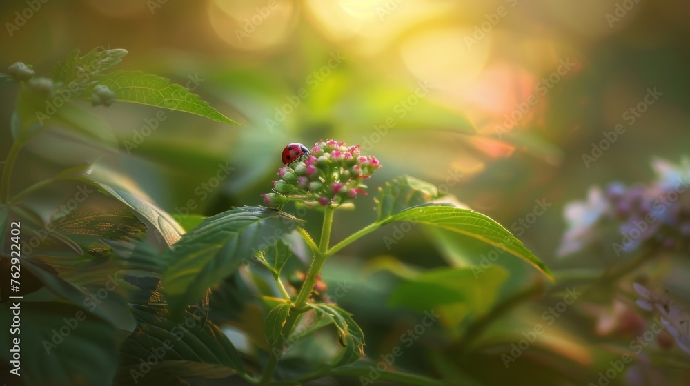 A tiny ladybug crawls along the stem of a delicate flower its bright red body standing out against the green foliage. This image captures the intricate relationship between A tiny ladybug crawls along the stem of a delicate flower its bright red body standing out against the green foliage. This image captures the intricate relationship between