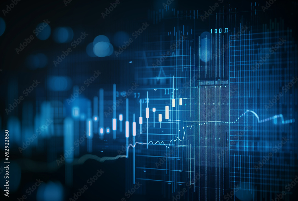 Stock Market Chart on Dark Blue Background: Candlestick Graph with Real-Time Data Display. Stock Market Chart on Dark Blue Background: Candlestick Graph with Real-Time Data Display.
