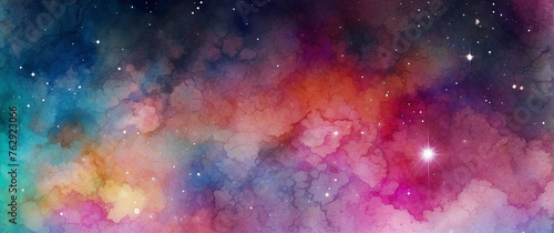 Space watercolor background with beautiful stars. Colorful space background